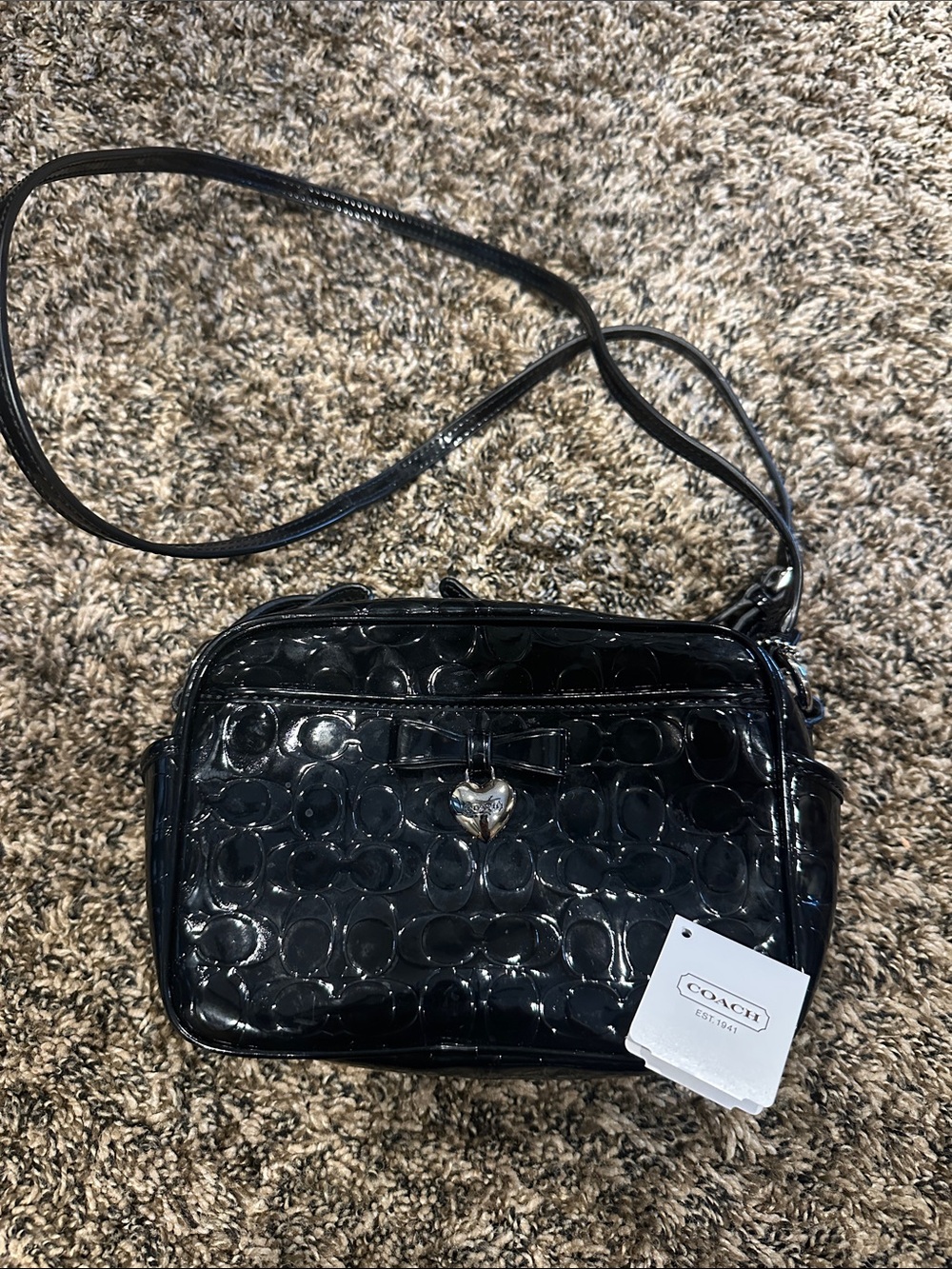 BNWOT Coach Black Patent Signature Crossbody with Heart Charm
